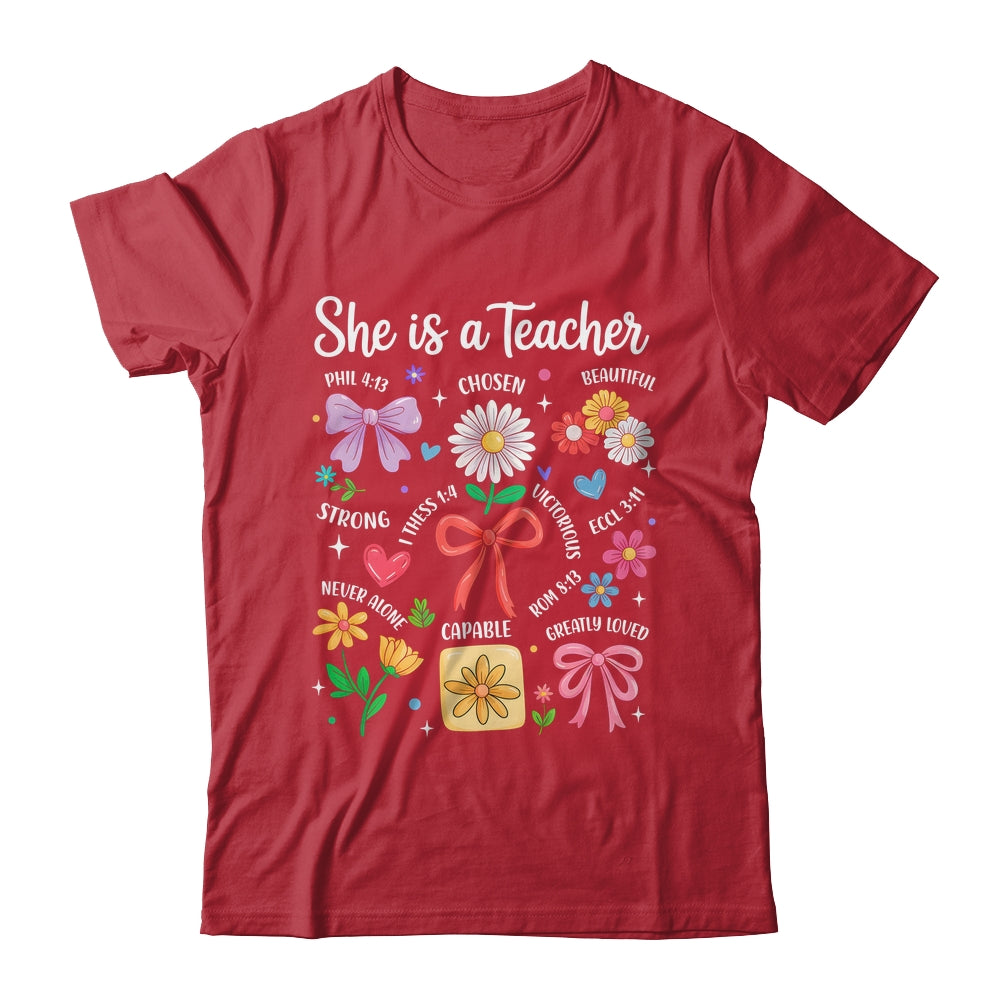 She Is A Teacher Coquette Bow Happy First Day Back To School Shirt & Hoodie | teecentury