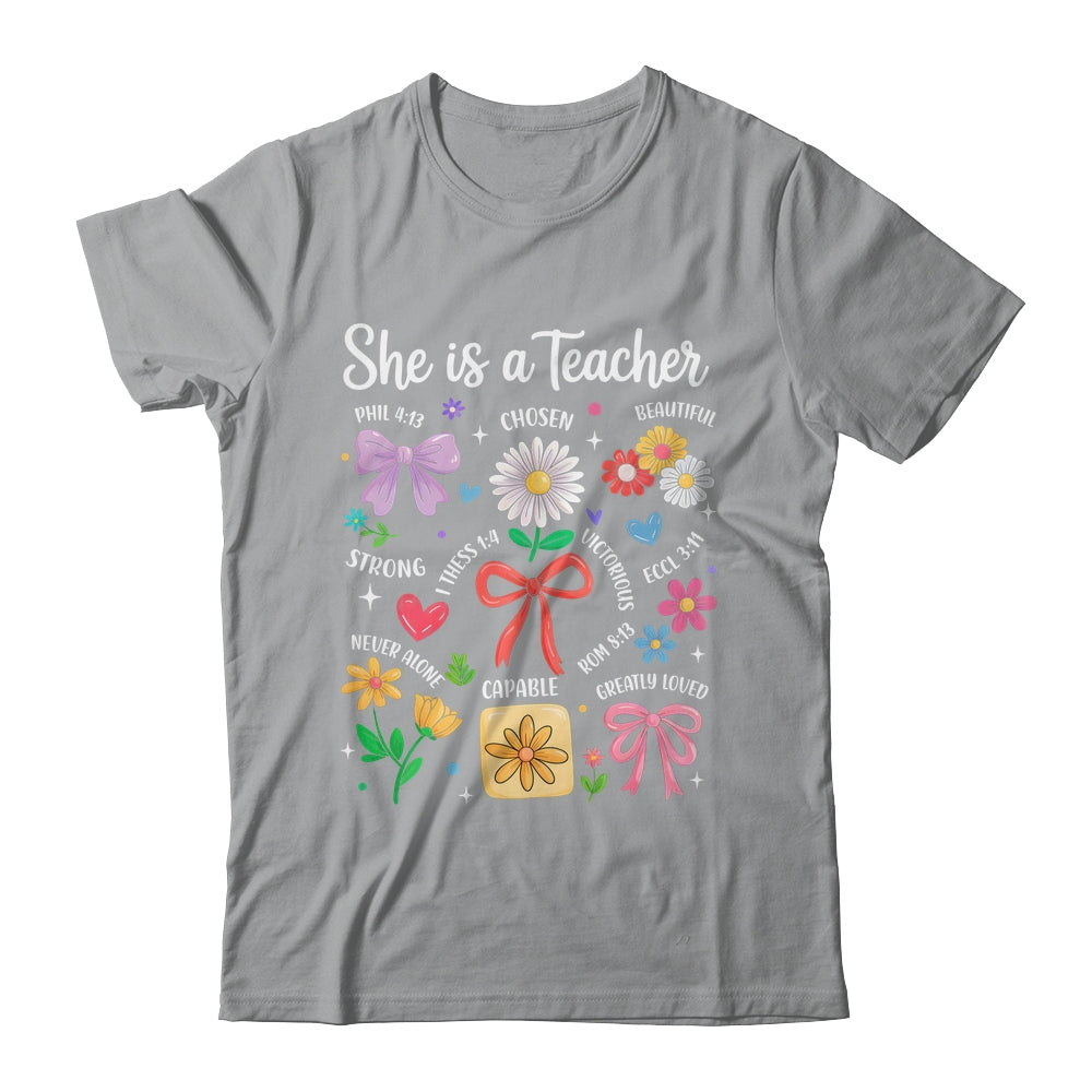 She Is A Teacher Coquette Bow Happy First Day Back To School Shirt & Hoodie | teecentury