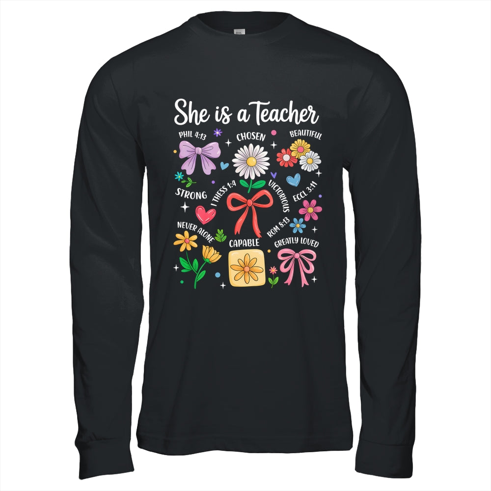 She Is A Teacher Coquette Bow Happy First Day Back To School Shirt & Hoodie | teecentury