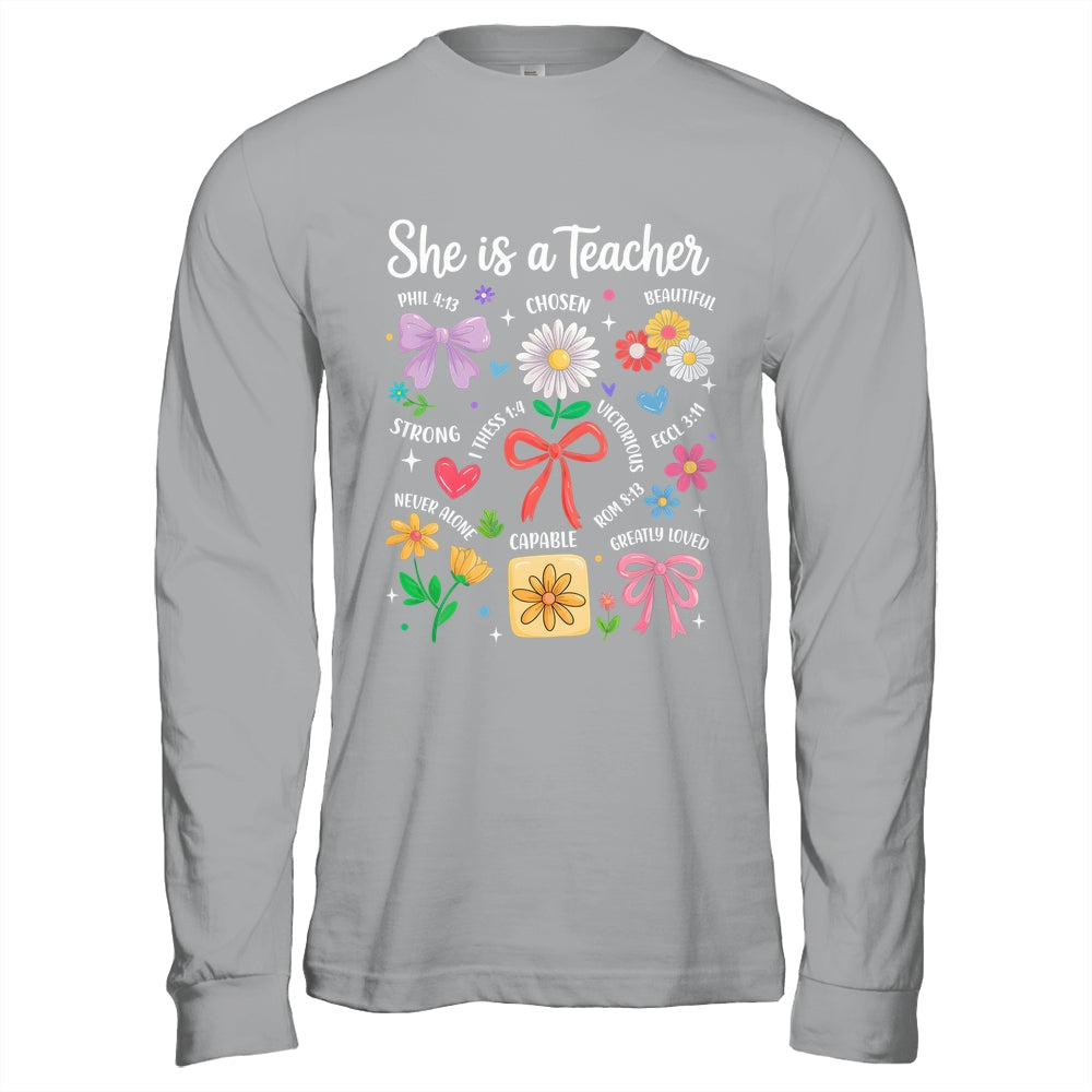 She Is A Teacher Coquette Bow Happy First Day Back To School Shirt & Hoodie | teecentury