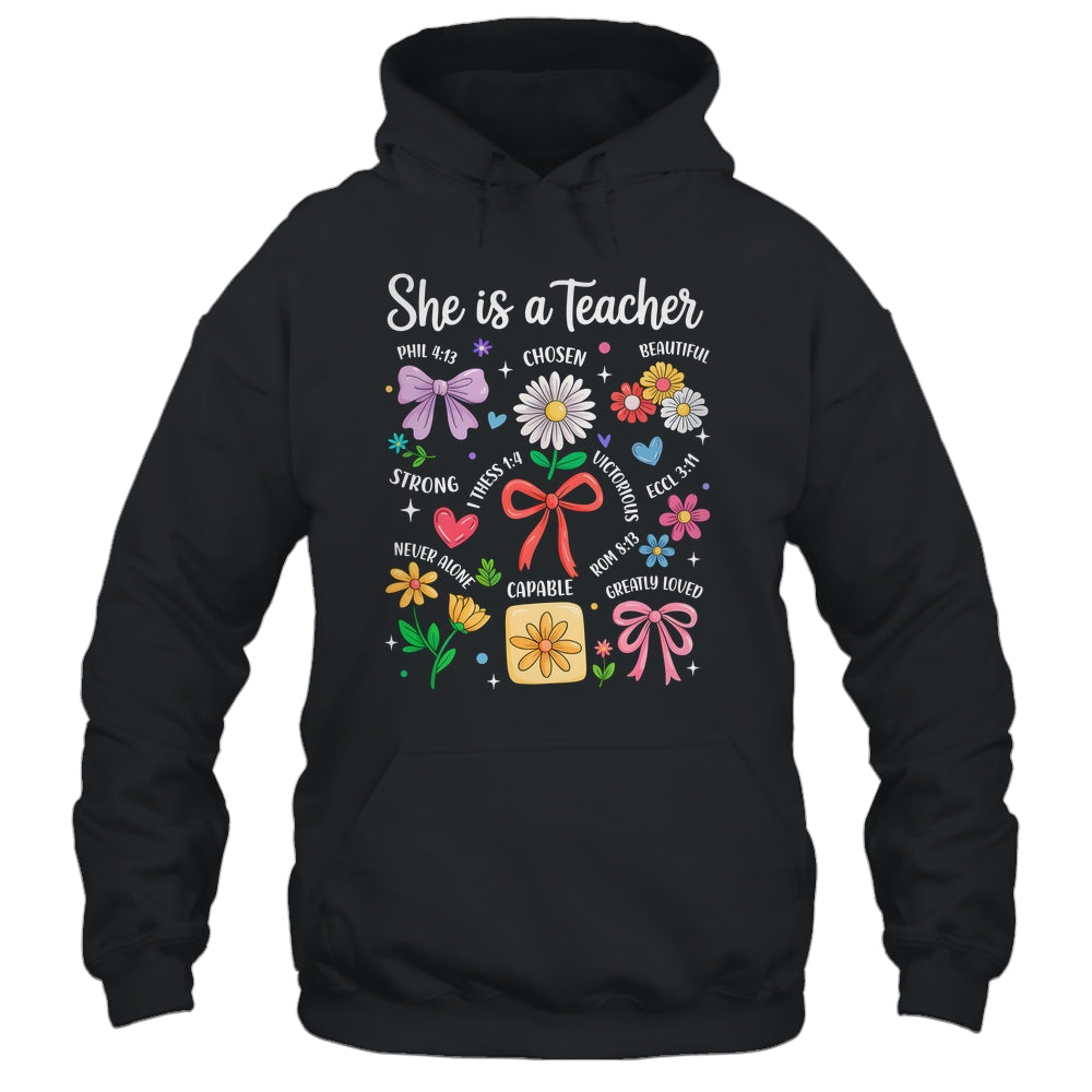 She Is A Teacher Coquette Bow Happy First Day Back To School Shirt & Hoodie | teecentury