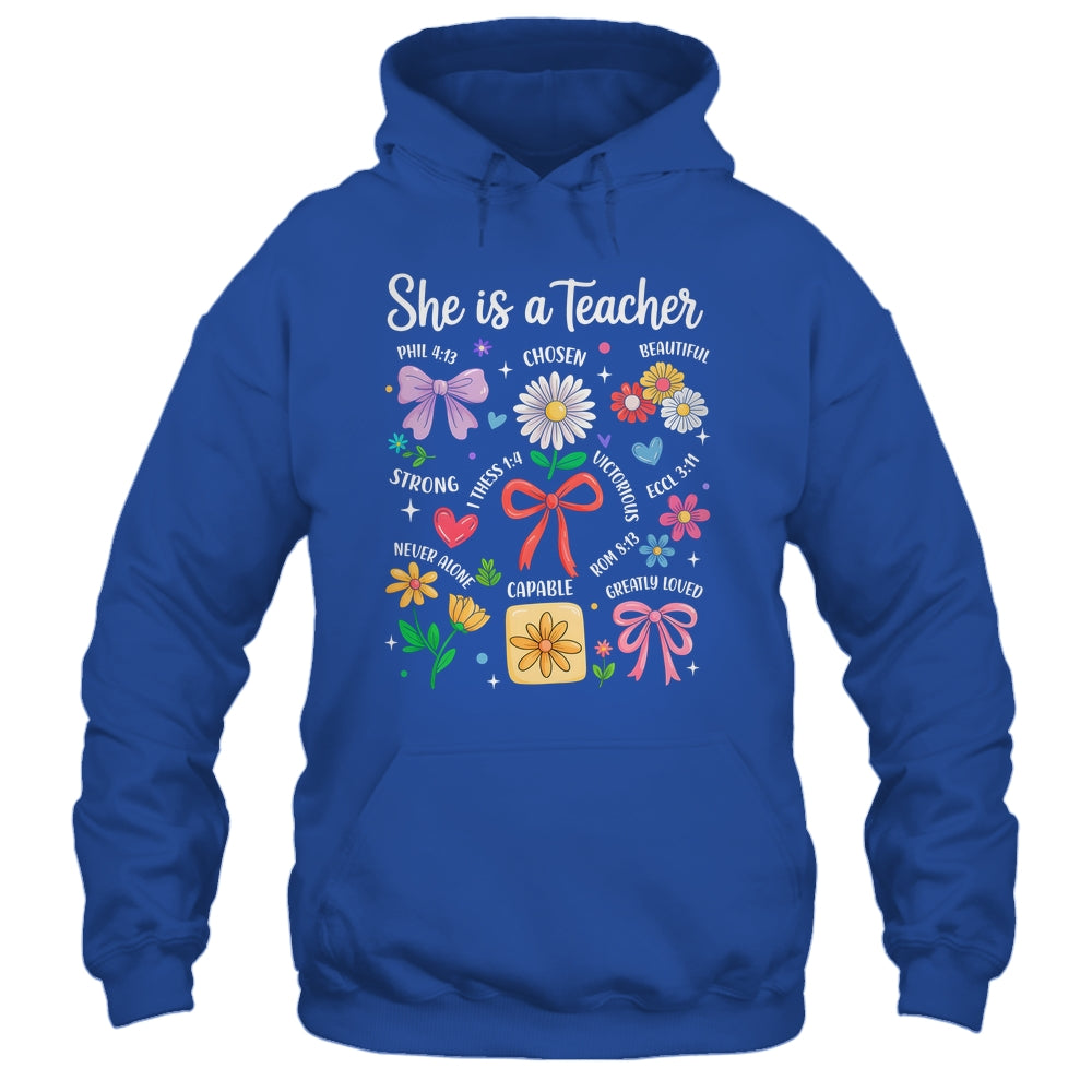 She Is A Teacher Coquette Bow Happy First Day Back To School Shirt & Hoodie | teecentury
