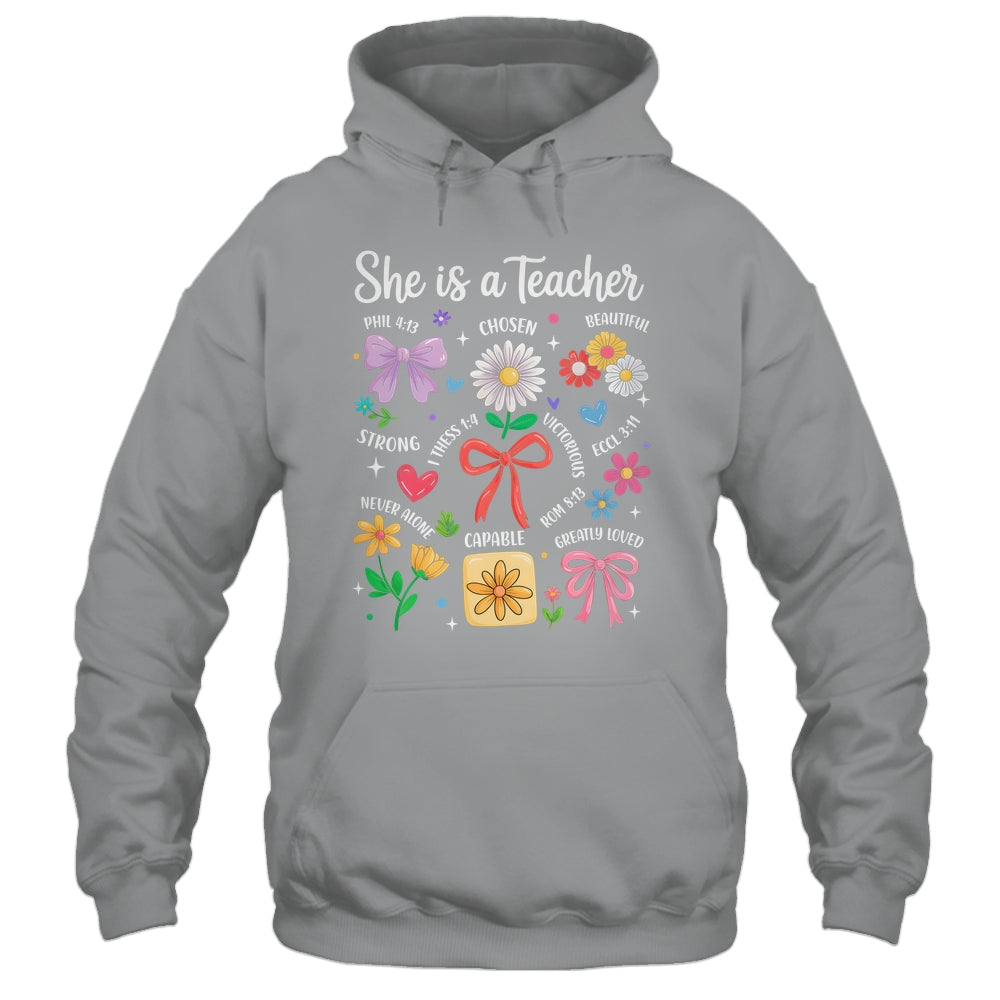 She Is A Teacher Coquette Bow Happy First Day Back To School Shirt & Hoodie | teecentury