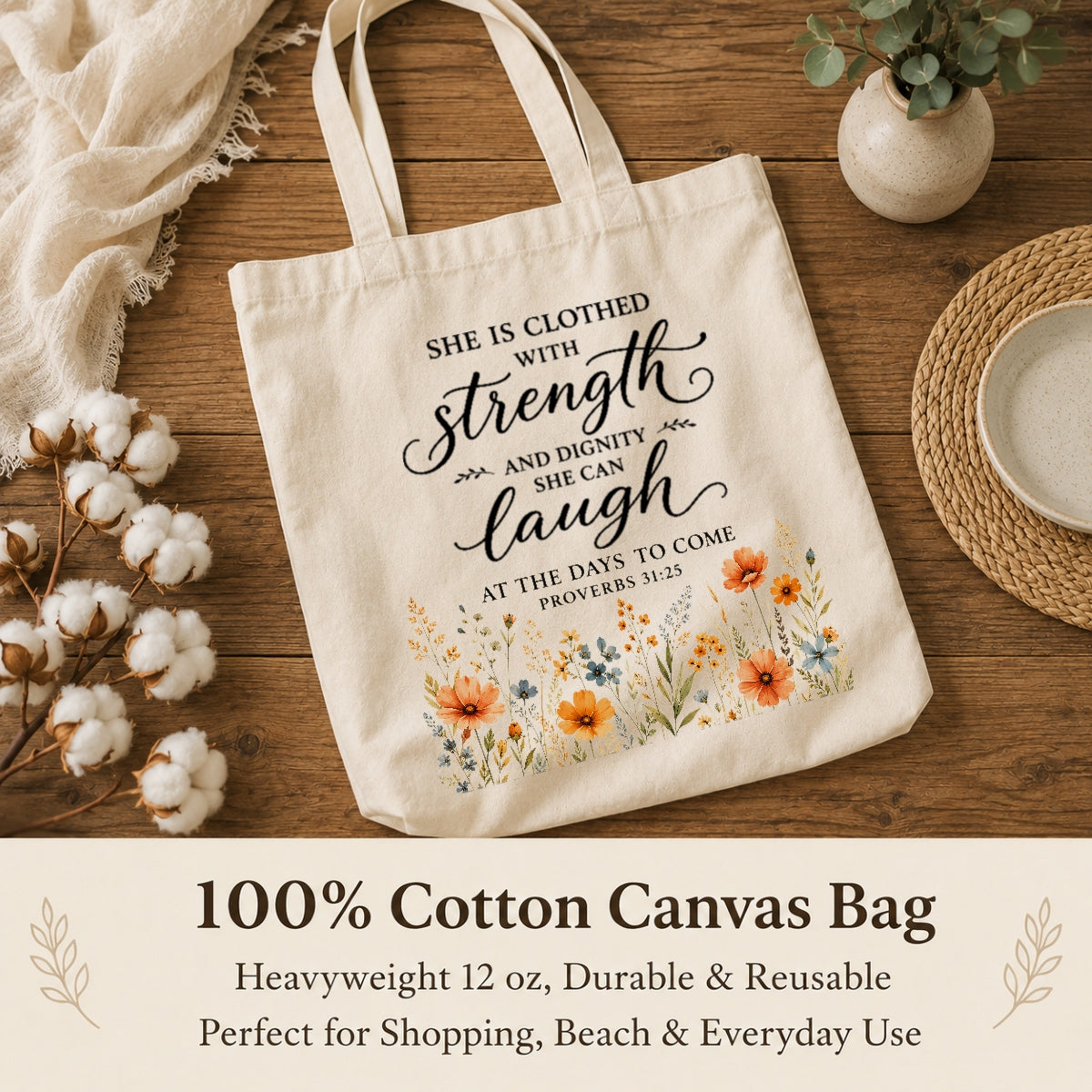 She Is Clothed With Strength And Dignity Proverbs 31 25 Christian Tote Bag Floral Bible Verse Canvas Bag Faith Inspirational Gift For Women Church | teecentury