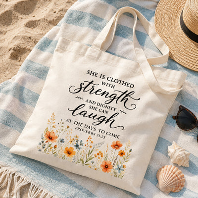 She Is Clothed With Strength And Dignity Proverbs 31 25 Christian Tote Bag Floral Bible Verse Canvas Bag Faith Inspirational Gift For Women Church | teecentury
