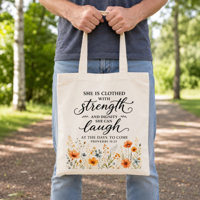 She Is Clothed With Strength And Dignity Proverbs 31 25 Christian Tote Bag Floral Bible Verse Canvas Bag Faith Inspirational Gift For Women Church | teecentury