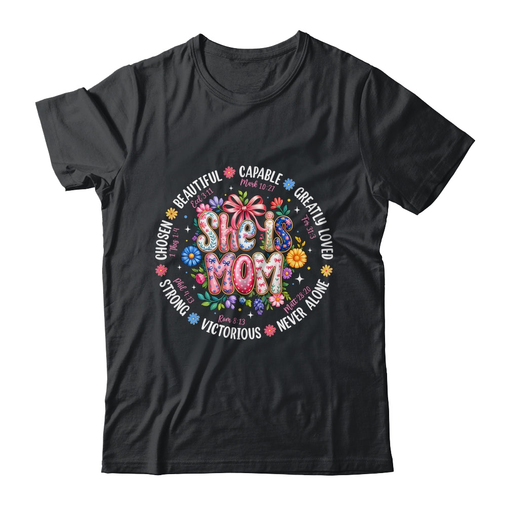 She Is Mom Christian Mom Coquette Faith Bible Mothers Day Shirt & Hoodie | teecentury