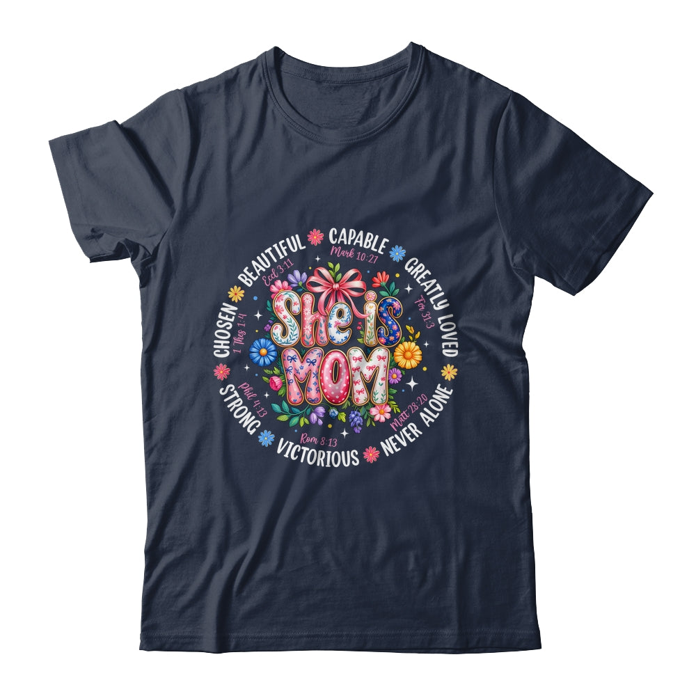 She Is Mom Christian Mom Coquette Faith Bible Mothers Day Shirt & Hoodie | teecentury