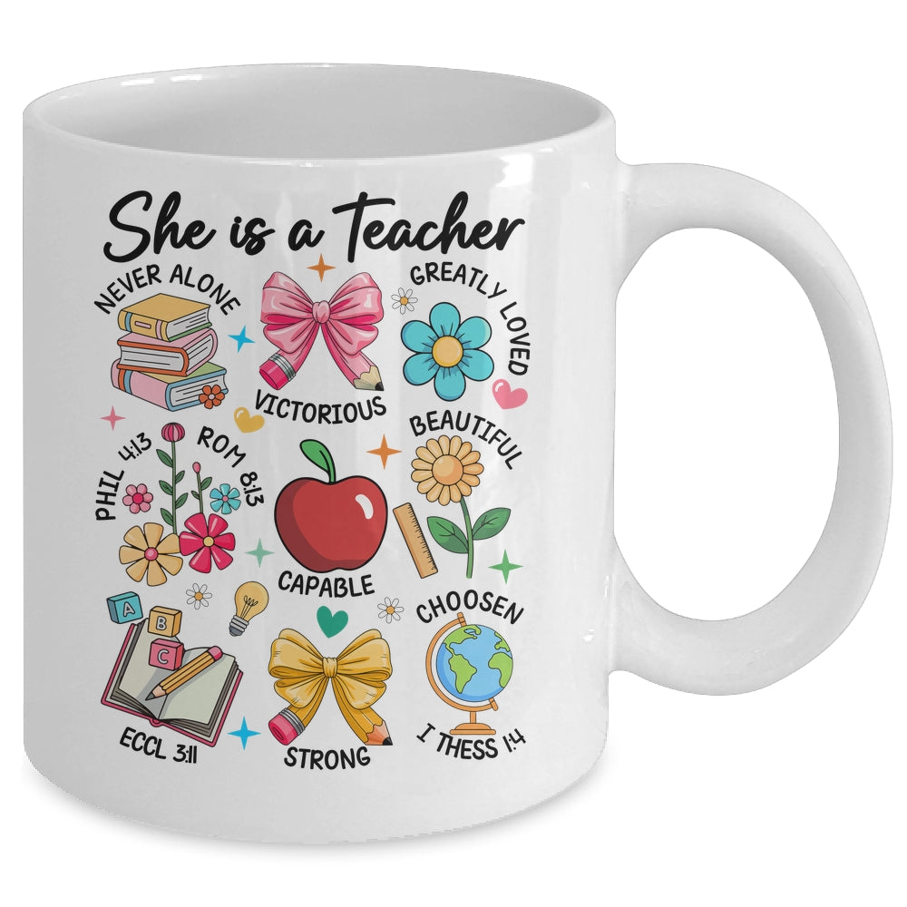 She Is Teacher Mom Christian Bible Verses Floral Mothers Day Mug | teecentury