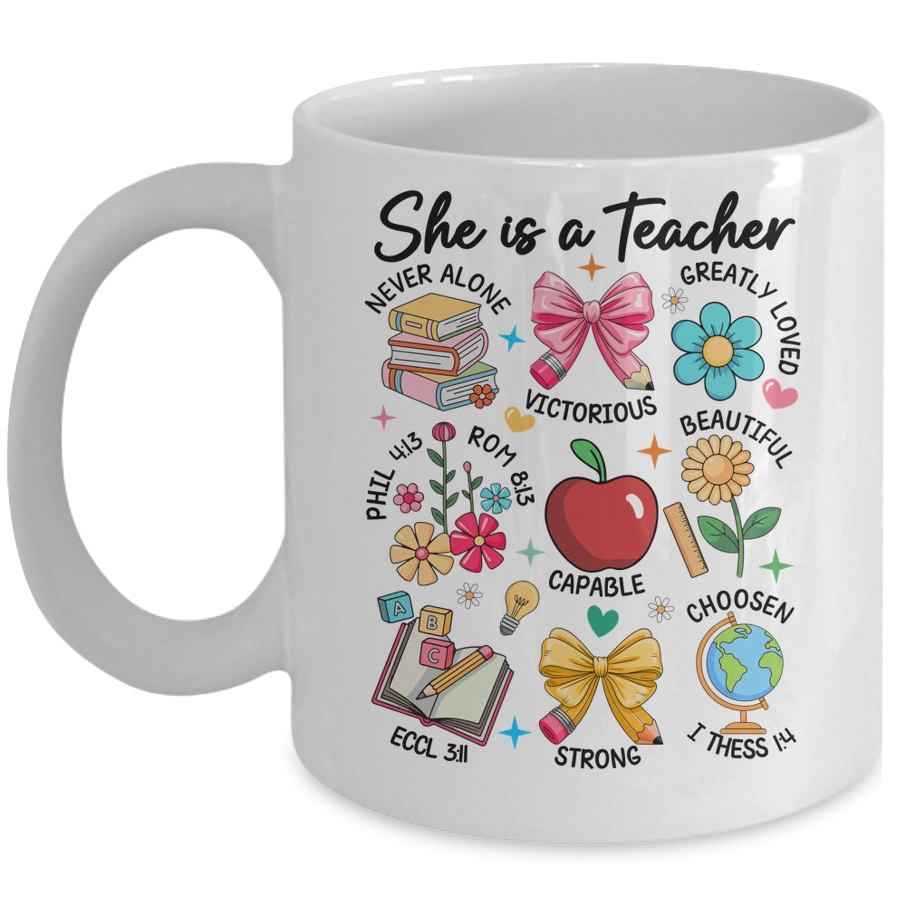 She Is Teacher Mom Christian Bible Verses Floral Mothers Day Mug | teecentury