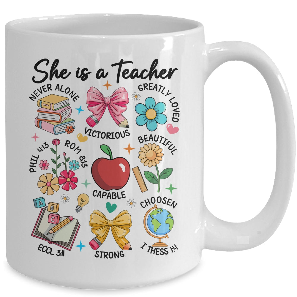She Is Teacher Mom Christian Bible Verses Floral Mothers Day Mug | teecentury