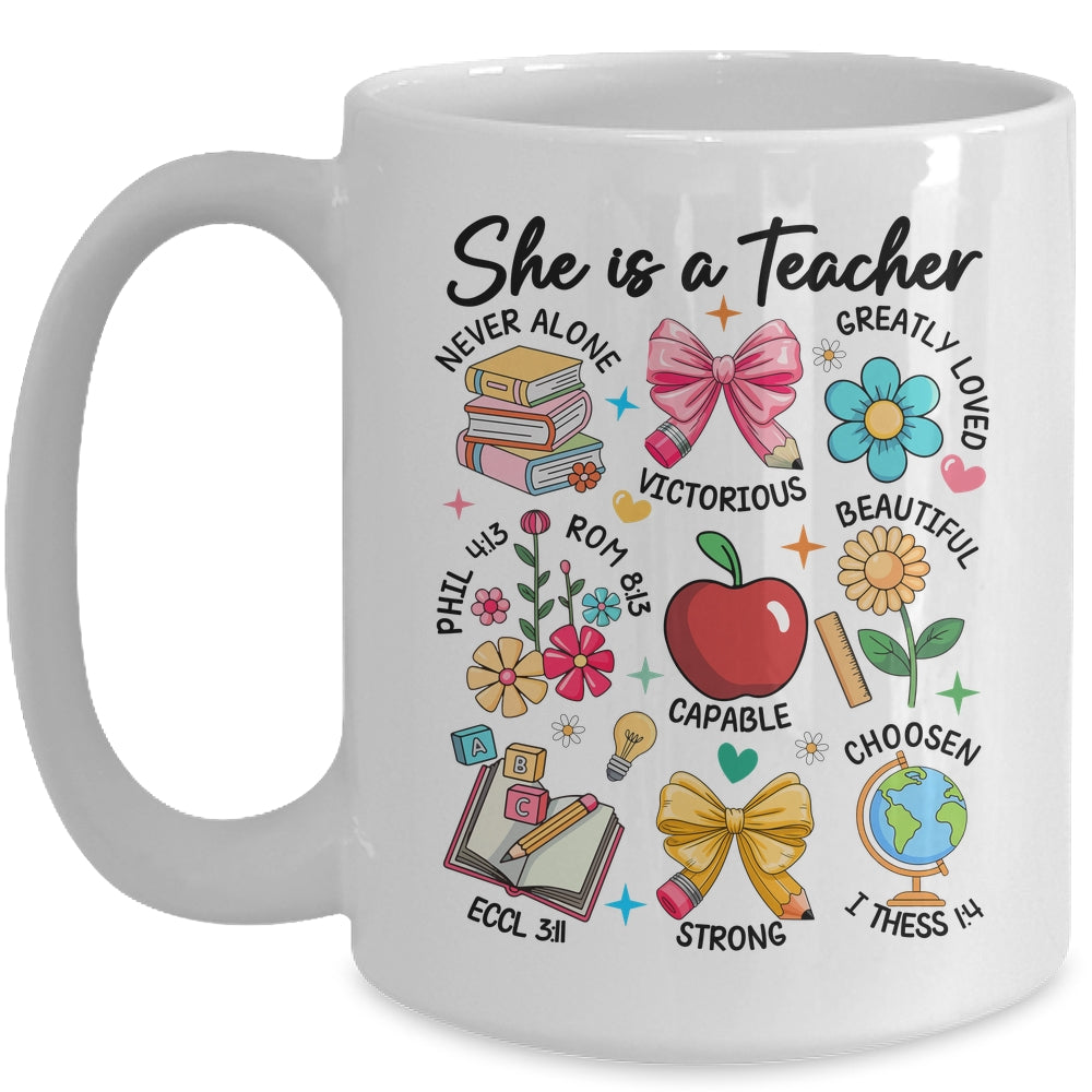 She Is Teacher Mom Christian Bible Verses Floral Mothers Day Mug | teecentury