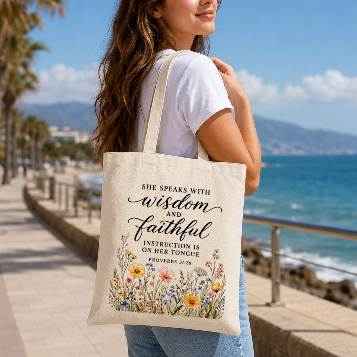 She Speaks With Wisdom And Faithful Instruction Proverbs 31 26 Floral Christian Tote Bag For Women Bible Verse Canvas Bag Church Faith Religious Travel | teecentury
