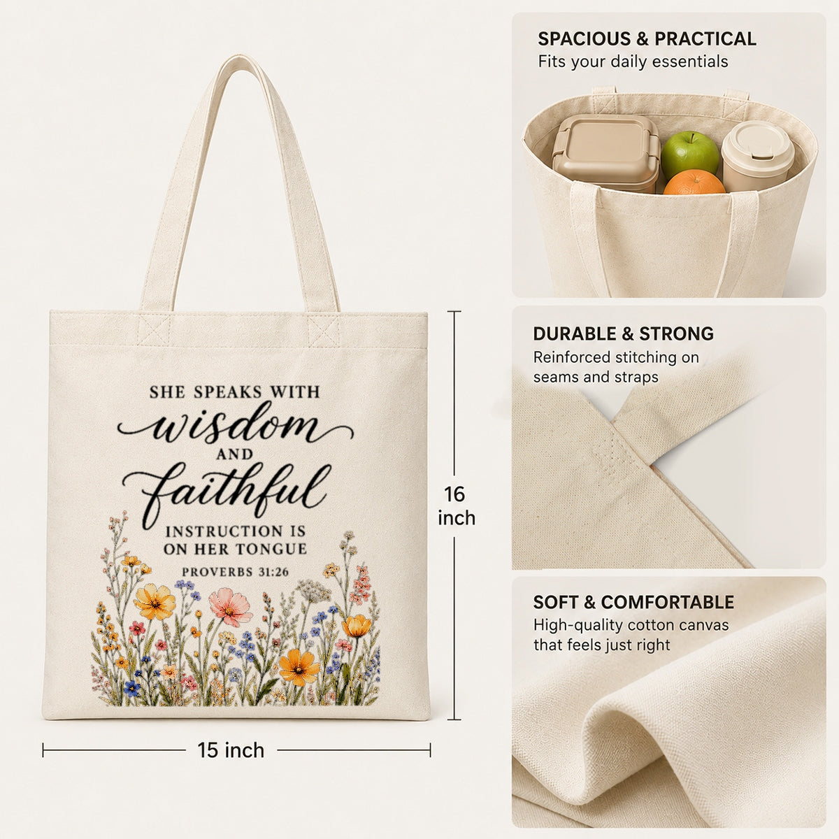 She Speaks With Wisdom And Faithful Instruction Proverbs 31 26 Floral Christian Tote Bag For Women Bible Verse Canvas Bag Church Faith Religious Travel | teecentury