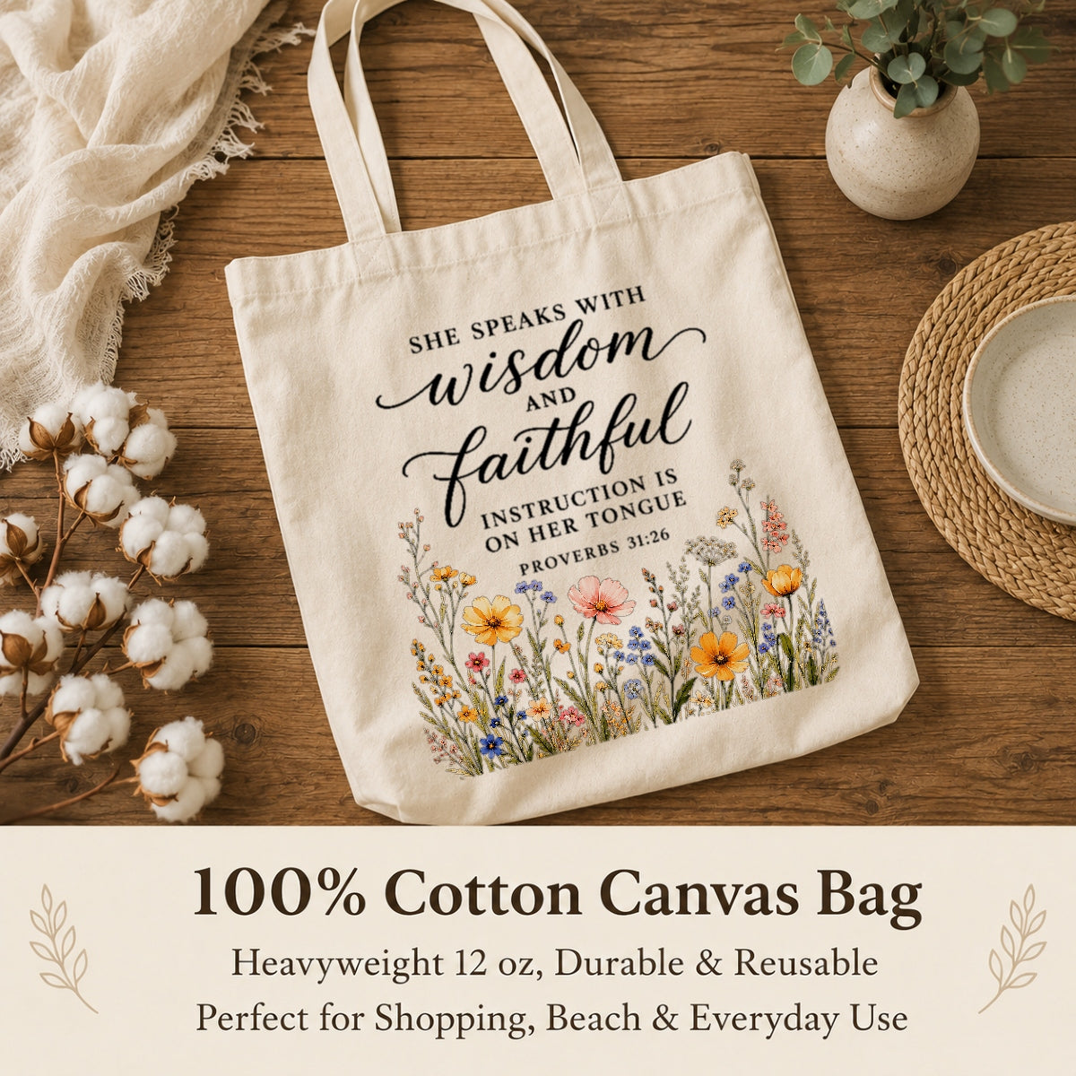 She Speaks With Wisdom And Faithful Instruction Proverbs 31 26 Floral Christian Tote Bag For Women Bible Verse Canvas Bag Church Faith Religious Travel | teecentury