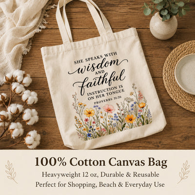 She Speaks With Wisdom And Faithful Instruction Proverbs 31 26 Floral Christian Tote Bag For Women Bible Verse Canvas Bag Church Faith Religious Travel | teecentury
