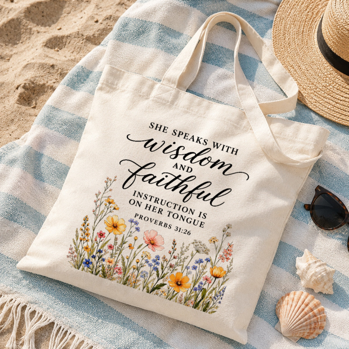 She Speaks With Wisdom And Faithful Instruction Proverbs 31 26 Floral Christian Tote Bag For Women Bible Verse Canvas Bag Church Faith Religious Travel | teecentury
