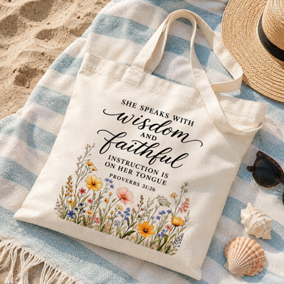 She Speaks With Wisdom And Faithful Instruction Proverbs 31 26 Floral Christian Tote Bag For Women Bible Verse Canvas Bag Church Faith Religious Travel | teecentury