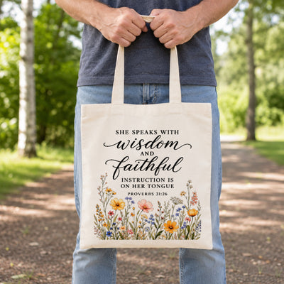 She Speaks With Wisdom And Faithful Instruction Proverbs 31 26 Floral Christian Tote Bag For Women Bible Verse Canvas Bag Church Faith Religious Travel | teecentury