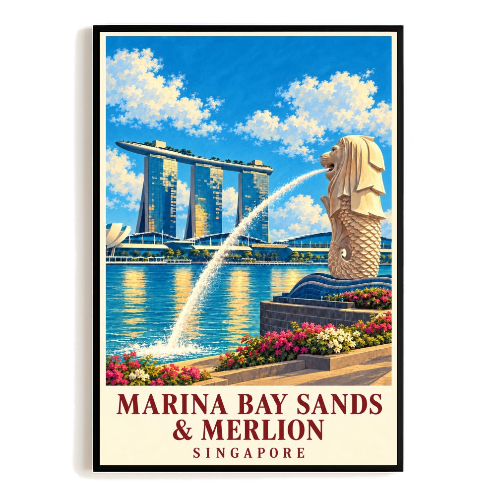 Singapore Marina Bay Sands Merlion Travel Poster Vintage Skyline Wall Art Print Modern Scenic Waterfront City Decor For Home Living Room Office Bedroom Gift Unframed | teecentury
