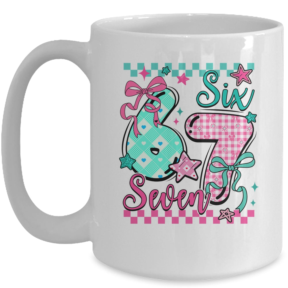 Six Seven 6 7 Valentines Meme Checkered Coquette Bow Heart Mug | teecentury