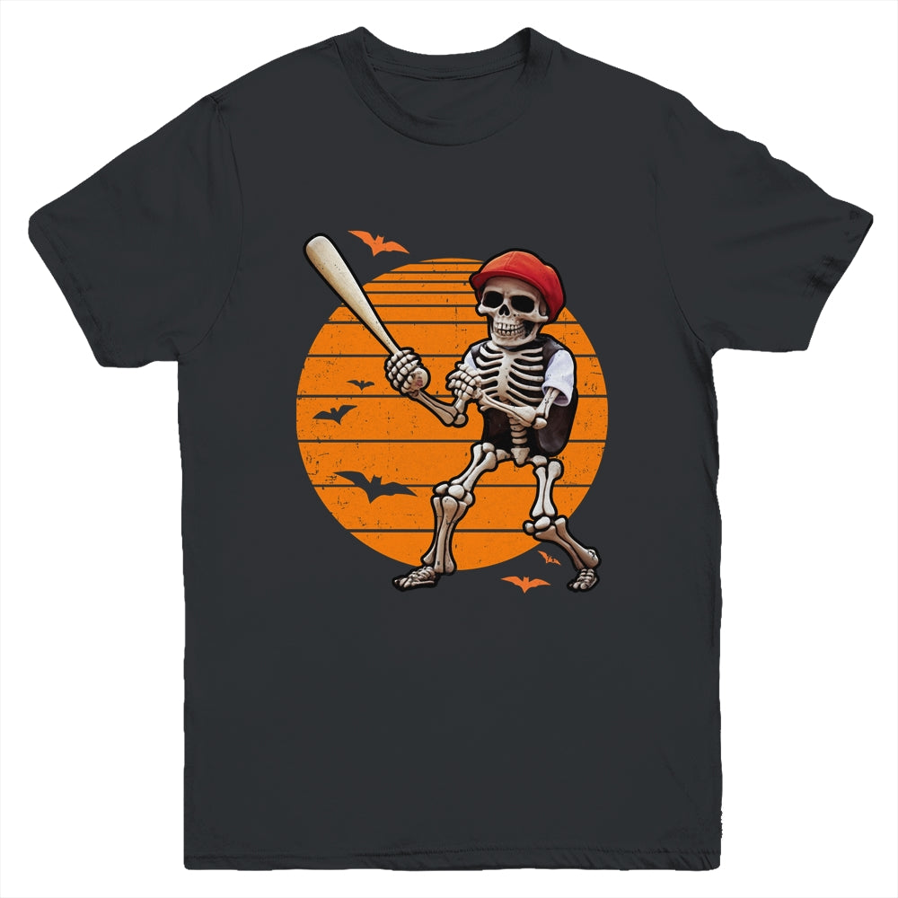 Skeleton Baseball Player Boys Kids Funny Halloween Youth Shirt | teecentury