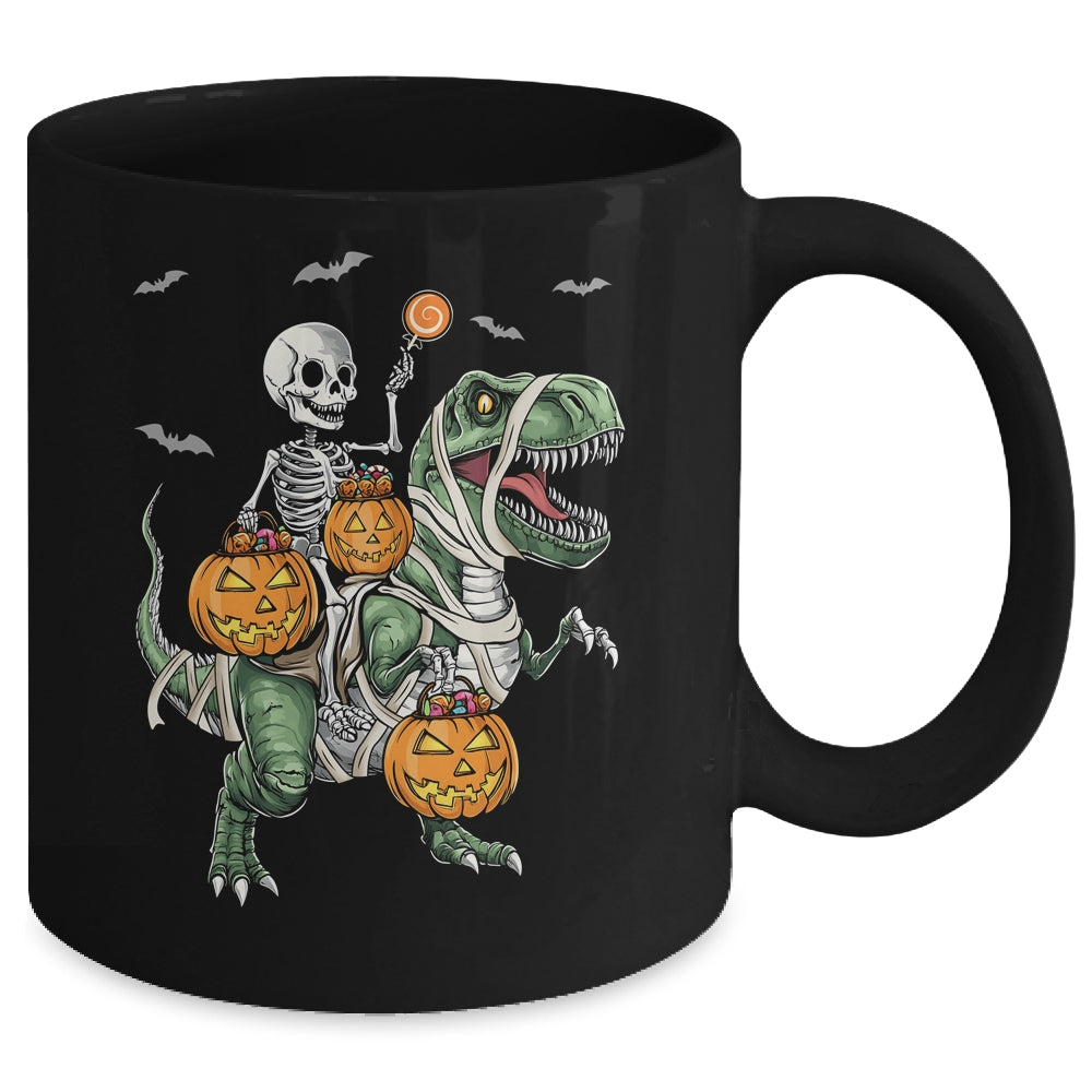 Skeleton Riding Mummy Dinosaur T-rex Halloween Pumpkin Boy Mug | teecentury