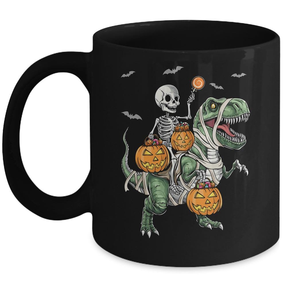 Skeleton Riding Mummy Dinosaur T-rex Halloween Pumpkin Boy Mug | teecentury