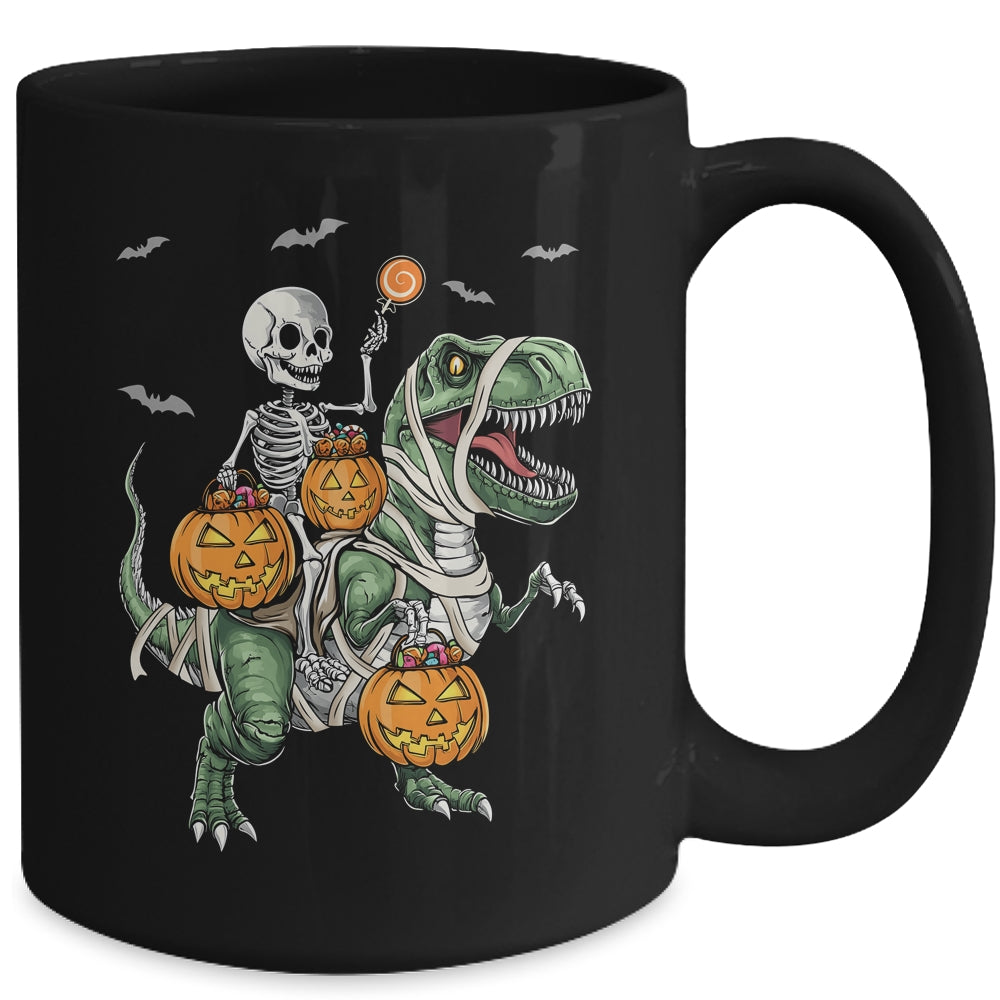 Skeleton Riding Mummy Dinosaur T-rex Halloween Pumpkin Boy Mug | teecentury
