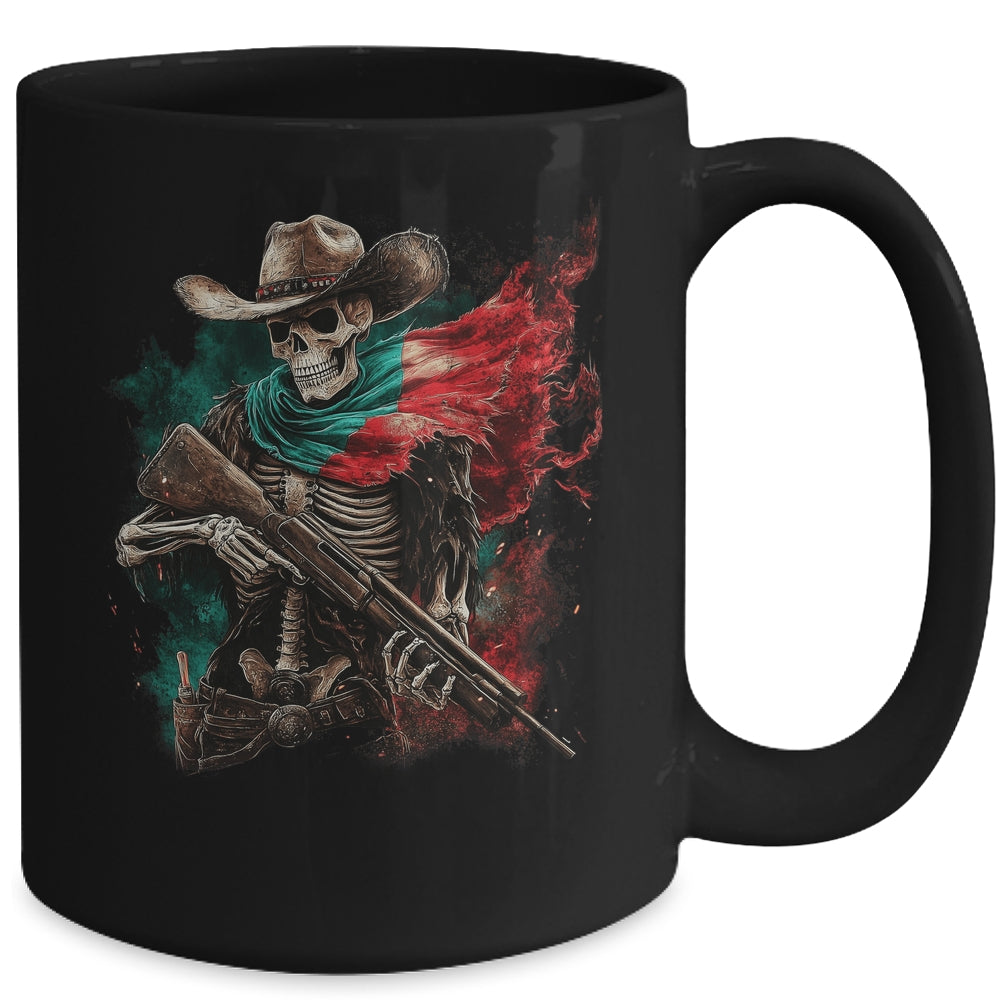 Skeleton Skull Cowboy Hat Mexico Flag USA Gun Scary Horror Mug | teecentury