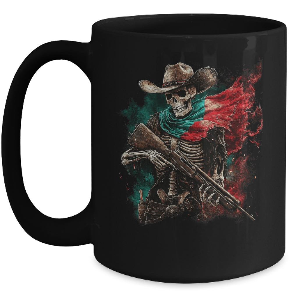 Skeleton Skull Cowboy Hat Mexico Flag USA Gun Scary Horror Mug | teecentury