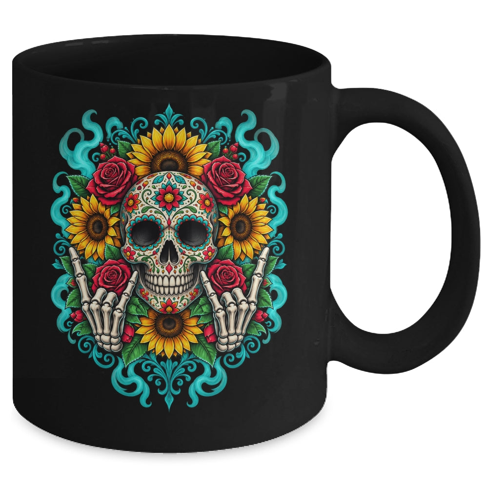 Skull Flowers On Rocker Sunflower Sugar Skull Rock Halloween Mug | teecentury