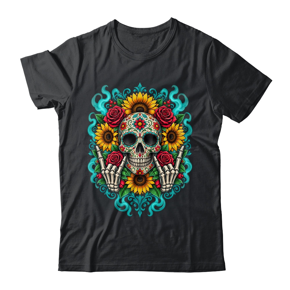 Skull Flowers On Rocker Sunflower Sugar Skull Rock Halloween Shirt & Hoodie | teecentury