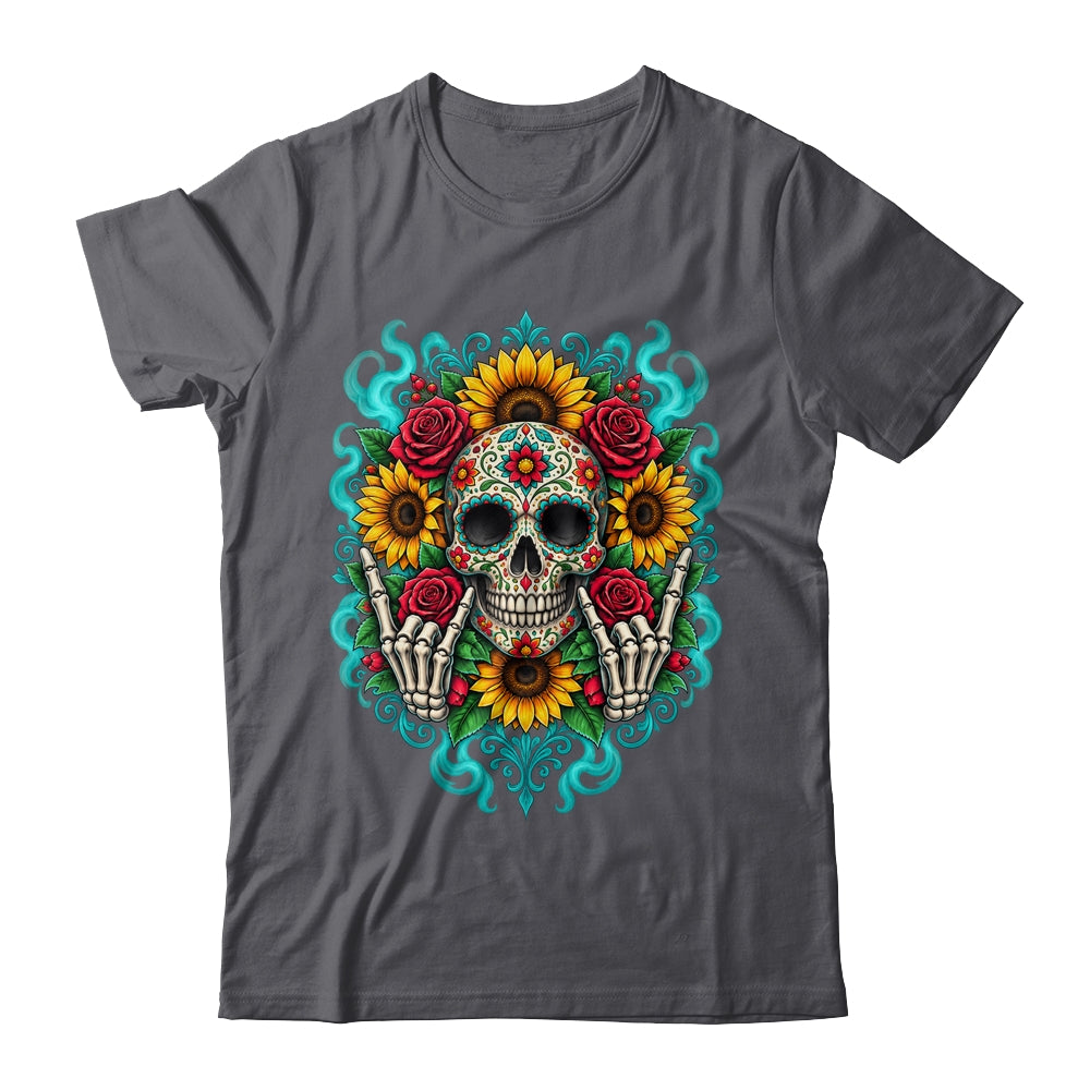Skull Flowers On Rocker Sunflower Sugar Skull Rock Halloween Shirt & Hoodie | teecentury