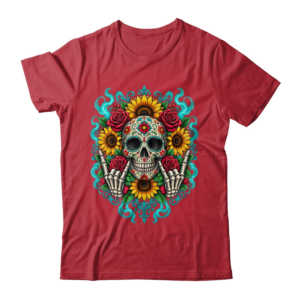 Skull Flowers On Rocker Sunflower Sugar Skull Rock Halloween Shirt & Hoodie | teecentury