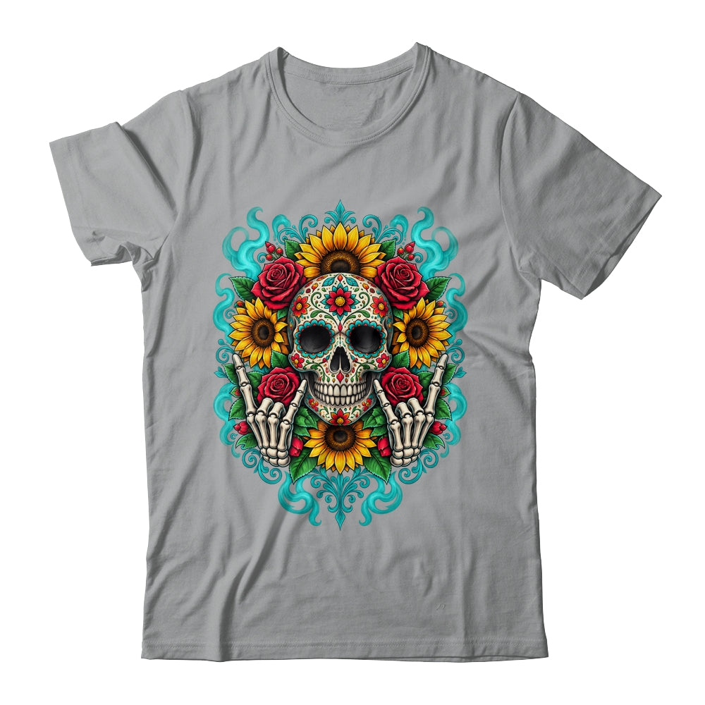 Skull Flowers On Rocker Sunflower Sugar Skull Rock Halloween Shirt & Hoodie | teecentury