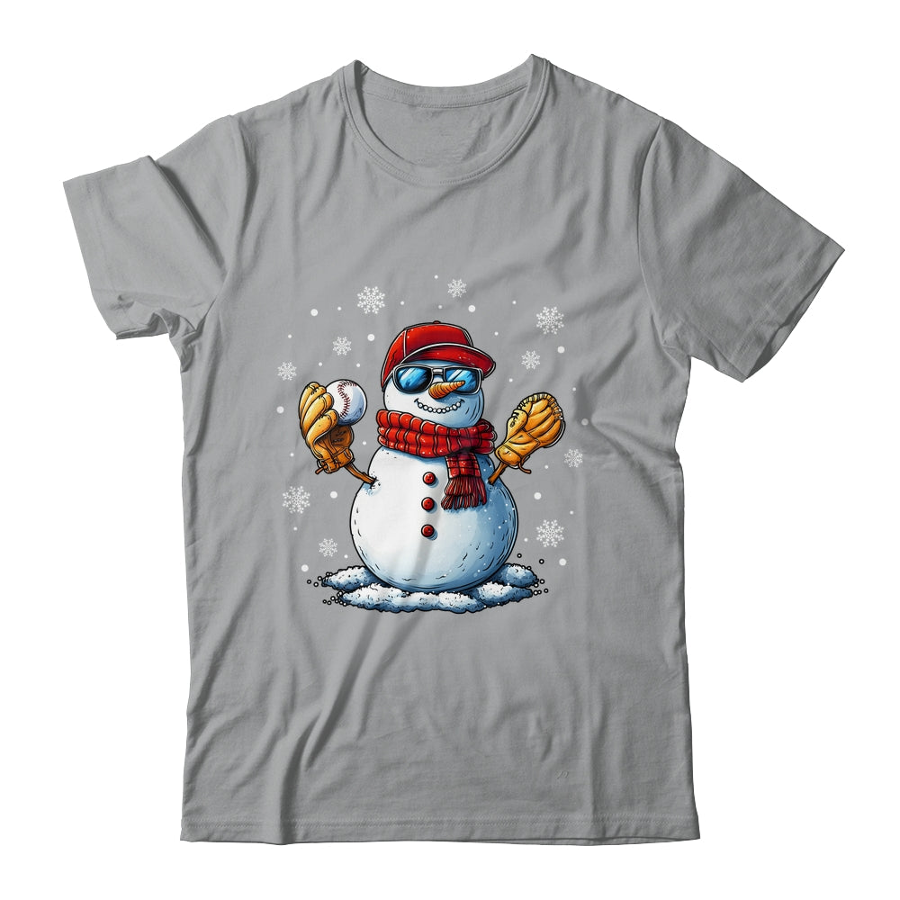 Snowman Playing Baseball As Pitcher Boys Men Christmas Shirt & Sweatshirt | teecentury