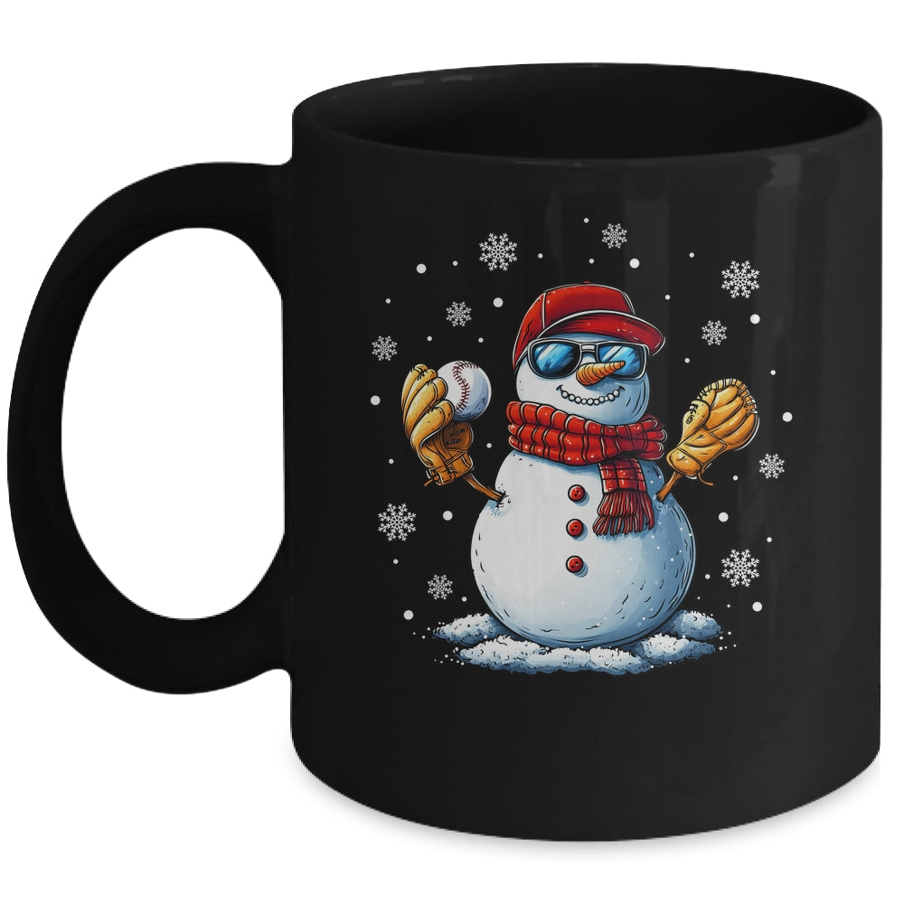 Snowman Playing Baseball As Pitcher Boys Men Christmas Mug | teecentury