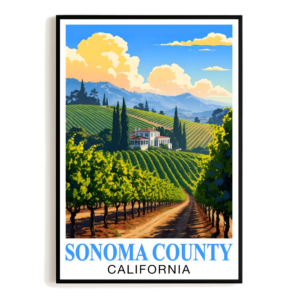 Sonoma County California Travel Poster Retro Vineyard Landscape Wall Art Print For Wine Lovers And Napa Valley Inspired Home Decor Living Room Office Bedroom Unframed | teecentury
