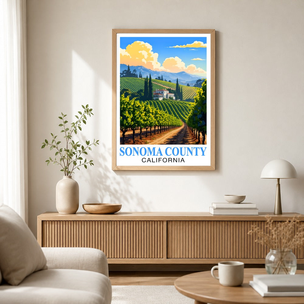 Sonoma County California Travel Poster Retro Vineyard Landscape Wall Art Print For Wine Lovers And Napa Valley Inspired Home Decor Living Room Office Bedroom Unframed | teecentury