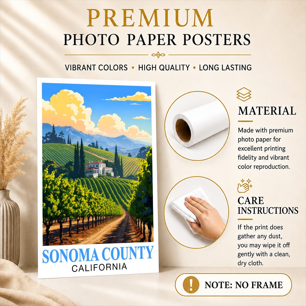 Sonoma County California Travel Poster Retro Vineyard Landscape Wall Art Print For Wine Lovers And Napa Valley Inspired Home Decor Living Room Office Bedroom Unframed | teecentury
