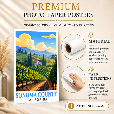 Sonoma County California Travel Poster Retro Vineyard Landscape Wall Art Print For Wine Lovers And Napa Valley Inspired Home Decor Living Room Office Bedroom Unframed | teecentury