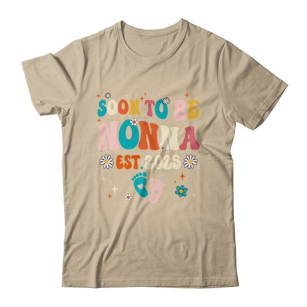 Soon To Be Nonna Est 2025 Pregnancy Announcement Groovy Shirt & Tank Top | teecentury