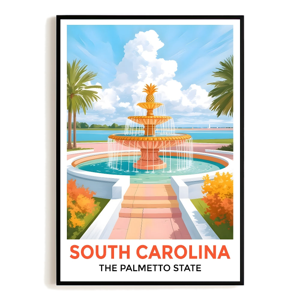 South Carolina Print Travel Poster Fountain Palmetto State Souvenir Wall Art Landscape Painting Picture Ideal For Home Living Room Office Bedroom Decor Unframed | teecentury