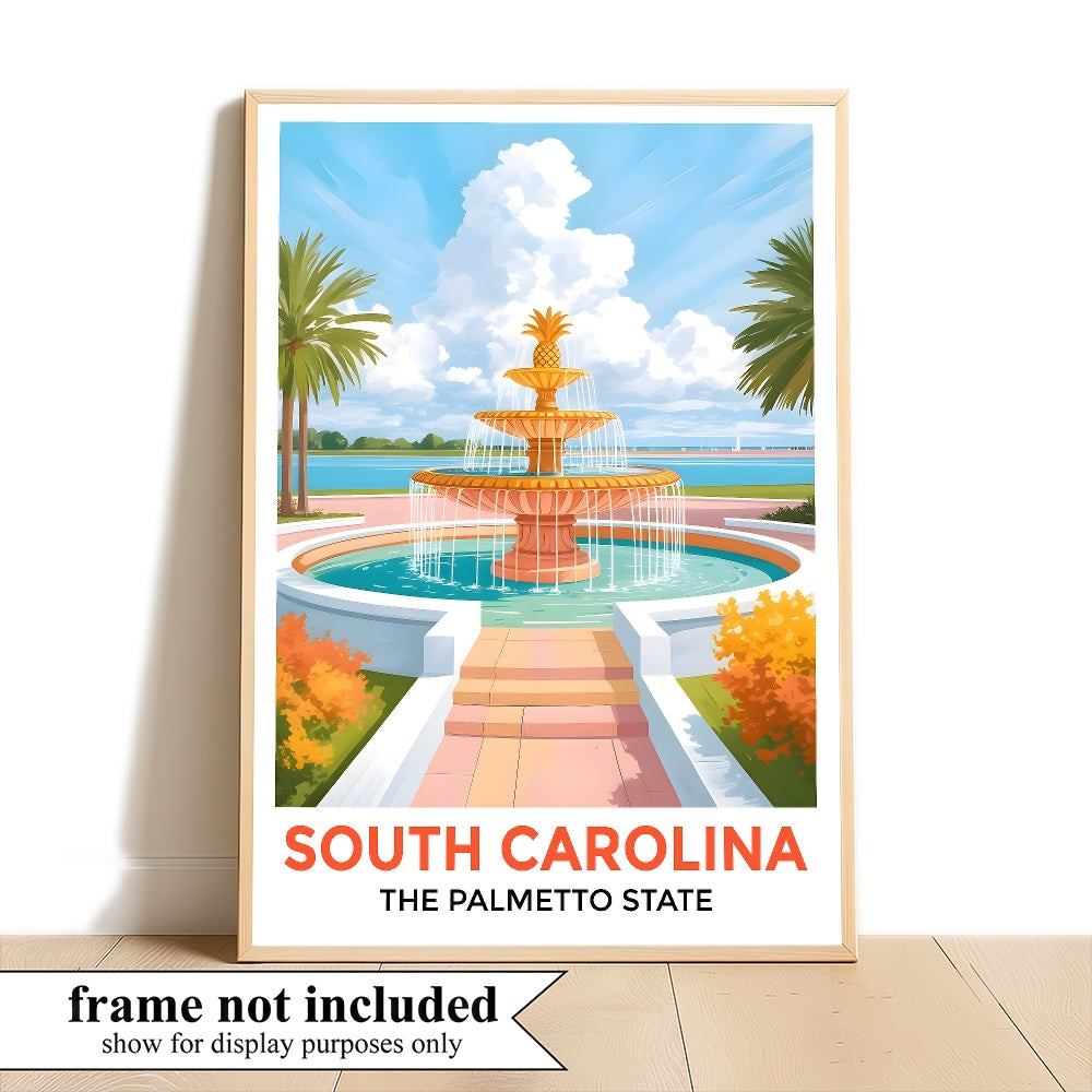 South Carolina Print Travel Poster Fountain Palmetto State Souvenir Wall Art Landscape Painting Picture Ideal For Home Living Room Office Bedroom Decor Unframed | teecentury