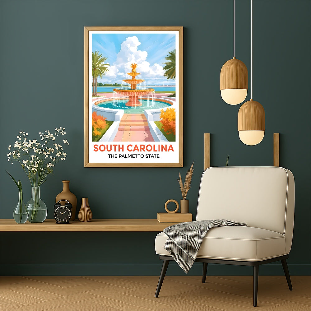 South Carolina Print Travel Poster Fountain Palmetto State Souvenir Wall Art Landscape Painting Picture Ideal For Home Living Room Office Bedroom Decor Unframed | teecentury