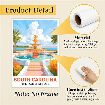South Carolina Print Travel Poster Fountain Palmetto State Souvenir Wall Art Landscape Painting Picture Ideal For Home Living Room Office Bedroom Decor Unframed | teecentury