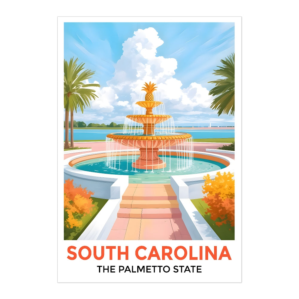 South Carolina Print Travel Poster Fountain Palmetto State Souvenir Wall Art Landscape Painting Picture Ideal For Home Living Room Office Bedroom Decor Unframed | teecentury