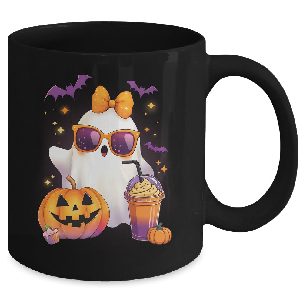 Spooky Cute Ghost Drinking Pumpkin Iced Coffee Halloween Bow Mug | teecentury