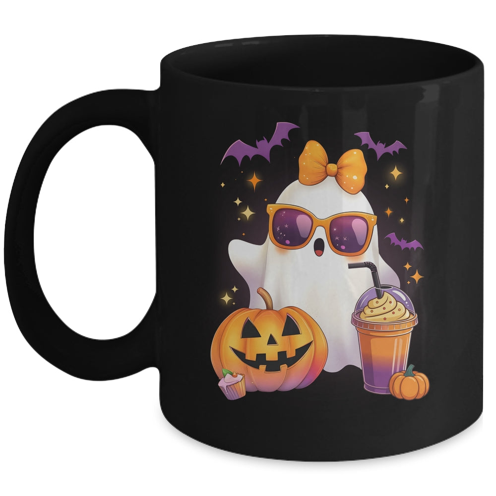 Spooky Cute Ghost Drinking Pumpkin Iced Coffee Halloween Bow Mug | teecentury